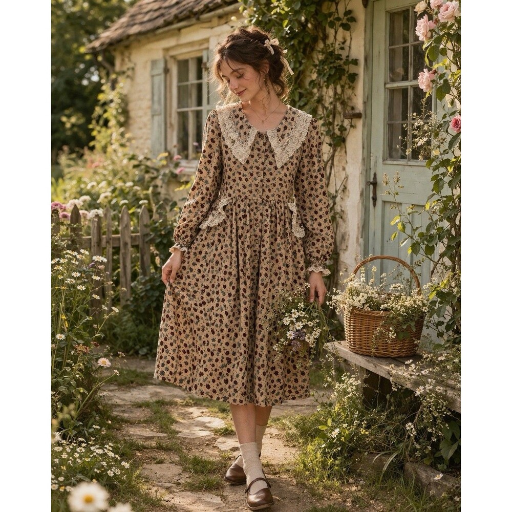 Vintage Prairie Floral Midi Dress Lace Peter Pan Collar Button Front Cottagecore